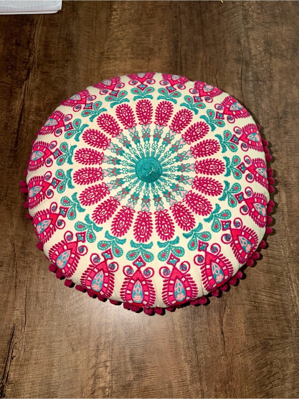 Boho Embroidered Round Pom Pillow